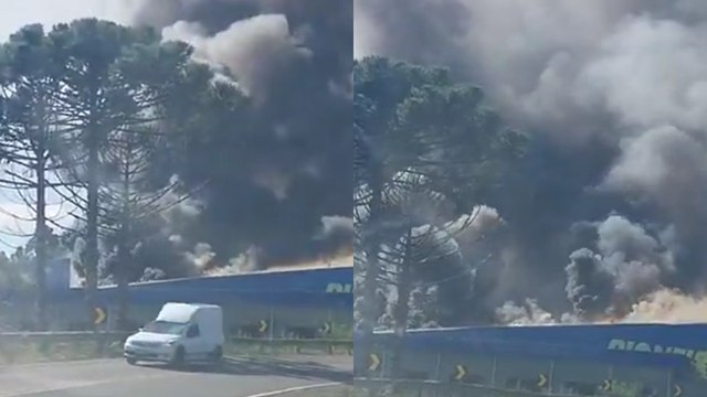 Incêndio de grandes proporções atinge empresa de pneus e gera fumaça tóxica no Meio-Oeste de SC