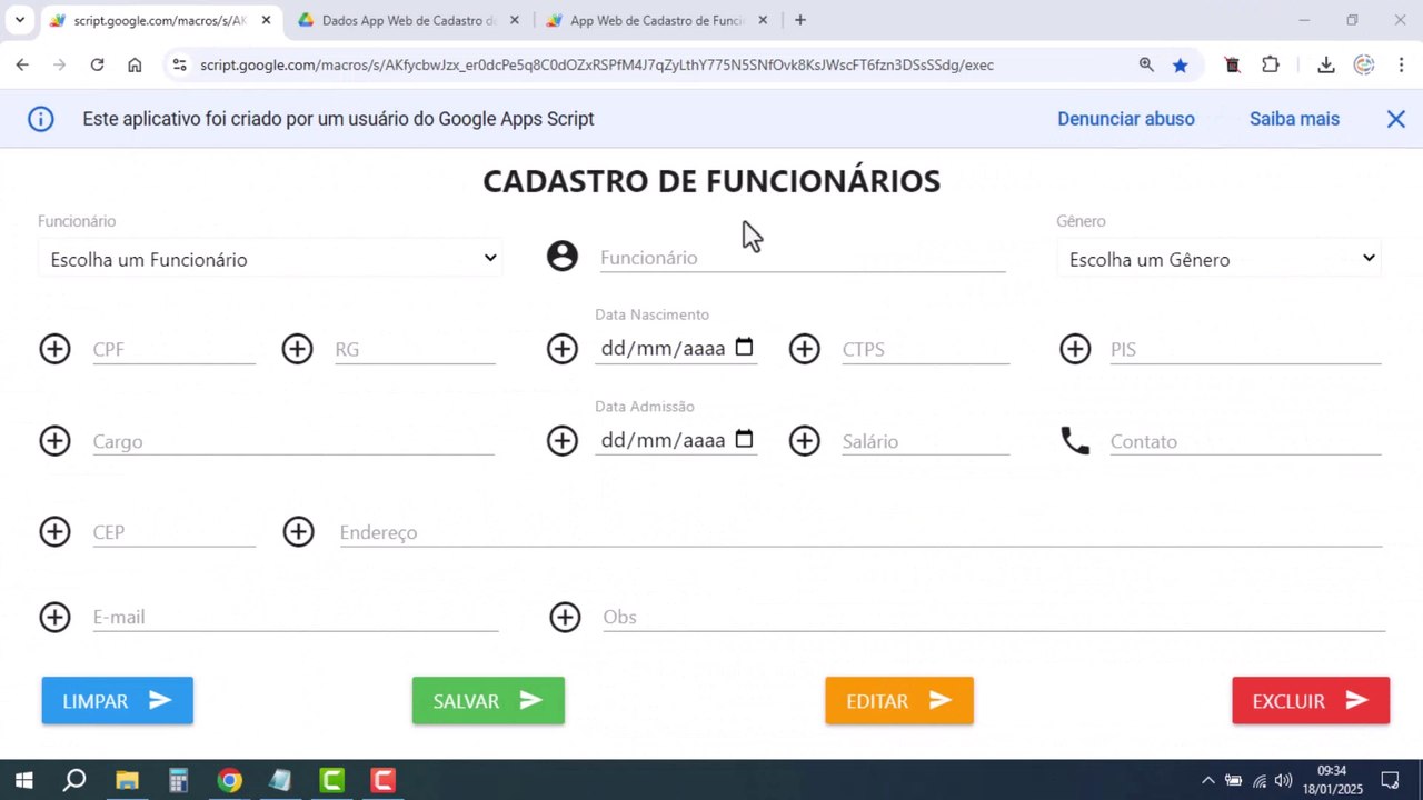 Planilhas Google - Criando Página (App) Web de Cadastro de Funcionários - Google Apps Script | PRONTO