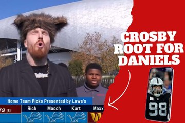 Las Vegas Raiders’ Maxx Crosby howls after picking the correct winner of the Commanders vs. Lions game