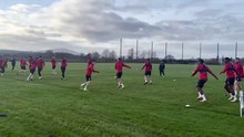 Derry City players warm up at Owenbeg