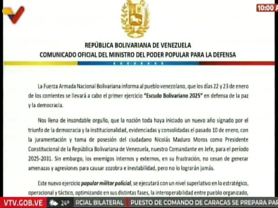 Comunicado | FANB realizará el primer ejercicio "Escudo Bolivariano 2025" este 22 y 23 de enero