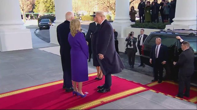 Joe and Jill Biden receive Donald and Melania Trump before their final departure from the White House