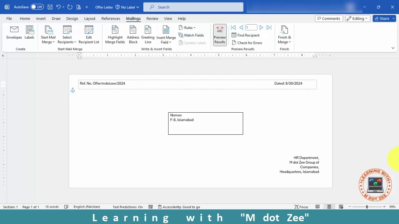 Envelops via Mail Merge in Word | Microsoft Word Tutorial | LECTURE # 12 | Learning with M dot Zee