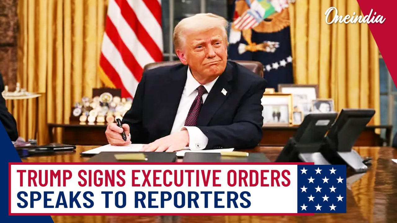 President Trump signs executive orders on his first day in office while addressing reporters