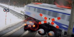 CCTV captures a car smashing into a speeding train at a level crossing in Poland