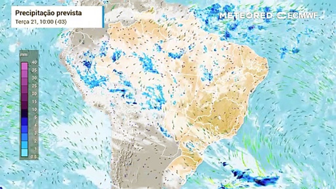 Nebulosidade e precipitação prevista pelo modelo ECMWF entre terça-feira (21) e quinta-feira (23).