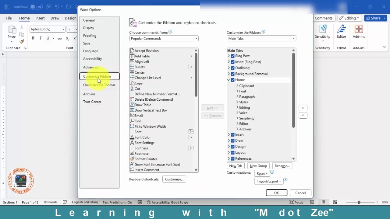 Customize Ribbon | Microsoft Word Tutorial | LECTURE # 15 | Learning with M dot Zee