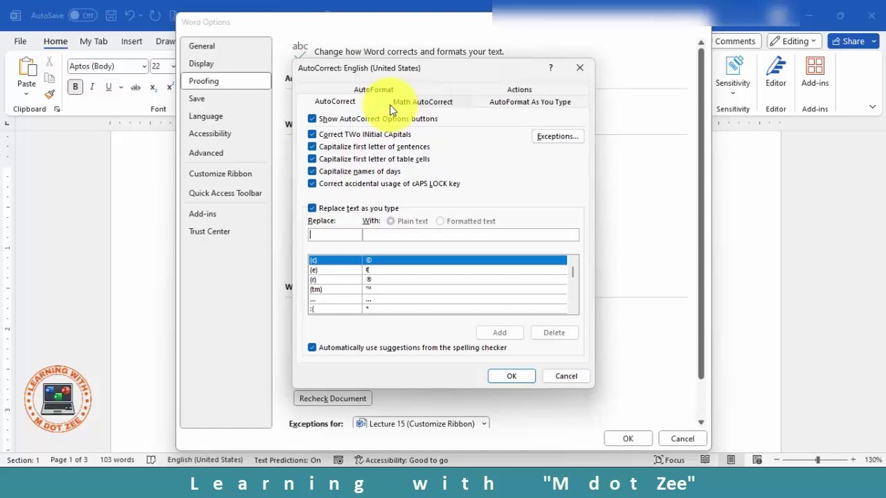 Auto Correct Feature | Microsoft Word Tutorial | LECTURE # 16 | Learning with M dot Zee