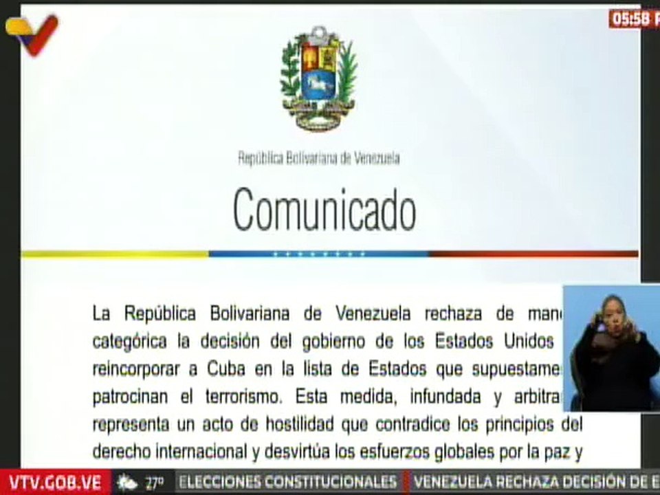 Venezuela rechaza decisión de EE. UU. de reincorporar a Cuba a la lista de países terroristas
