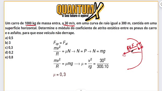 Um carro de 1000 kg de massa entra, a 30 m/s, em uma curva de raio igual a 300 m, contida em uma superfície horizontal. Determine o módulo do coeficiente de atrito estático entre os pneus do carro e o asfalto, para que esse veículo não derrape.