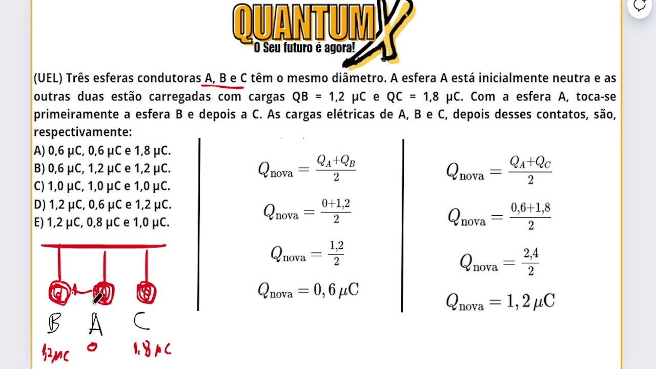 Três esferas condutoras A, B e C têm o mesmo diâmetro. A esfera A está inicialmente neutra e as outras duas estão carregadas com cargas QB = 1,2 µC e QC = 1,8 µC. Com a esfera A, toca-se primeiramente a esfera B e  depois a C. As cargas elétricas de A, B