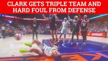 Caitlin Clark faces triple team and hard foul from Connecticut Sun in WNBA debut