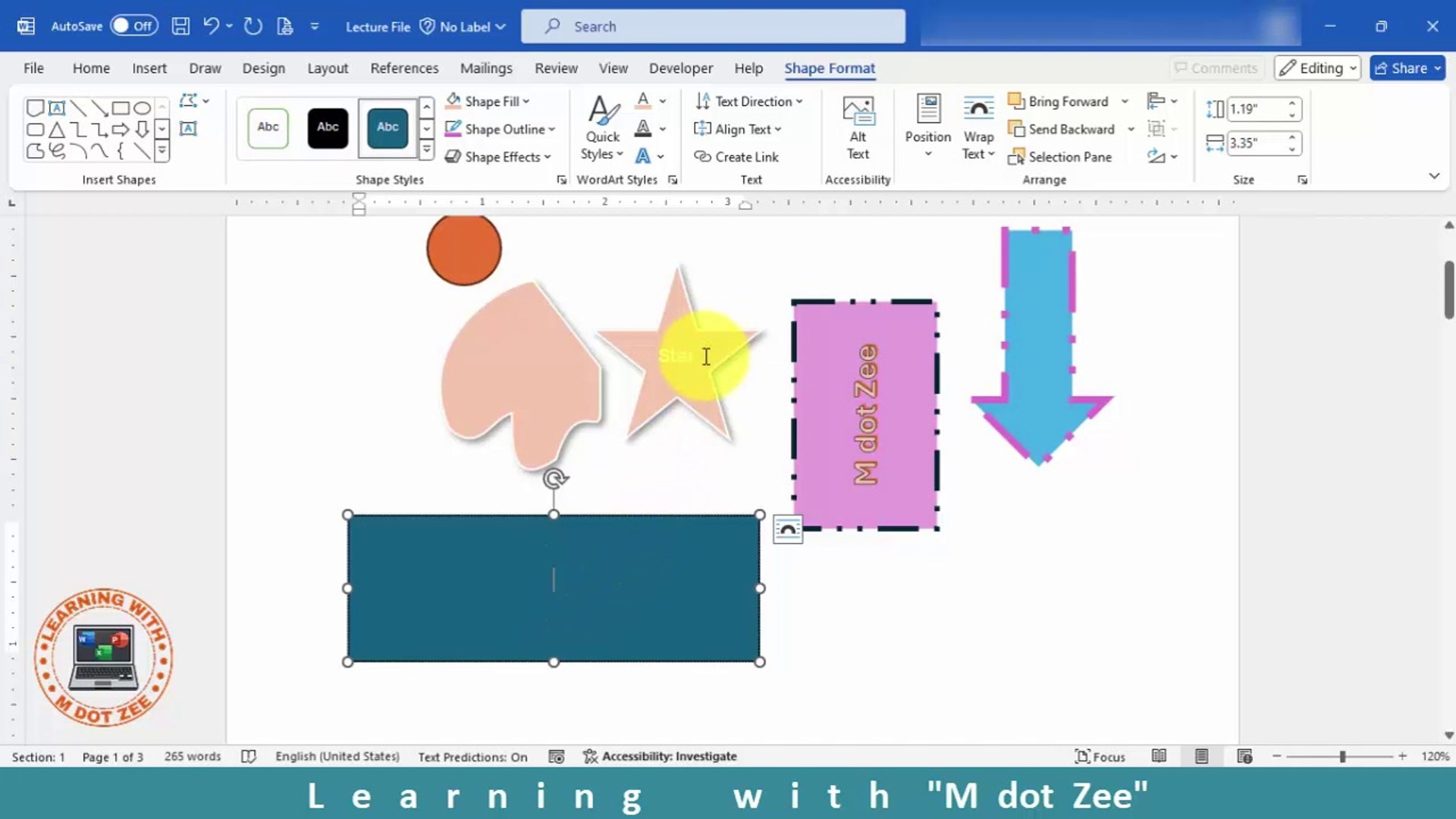 ⁣Basic Overview of Shapes | Microsoft Word Tutorial | LECTURE # 22 | Learning with M dot Zee