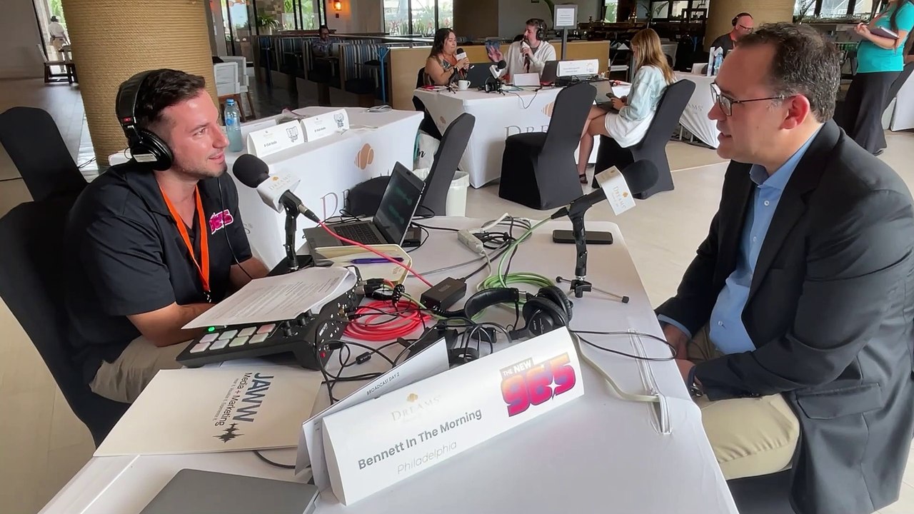 Bennett chats with Phillip Frey, SVP of Food & Beverage for Hyatt's Inclusive Collection at Dreams Natura