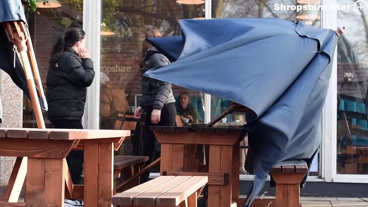 Staff from the Quarry Kitchen and Cafe Bar, Shrewsbury, battle with an unruly table brolly in the high winds!