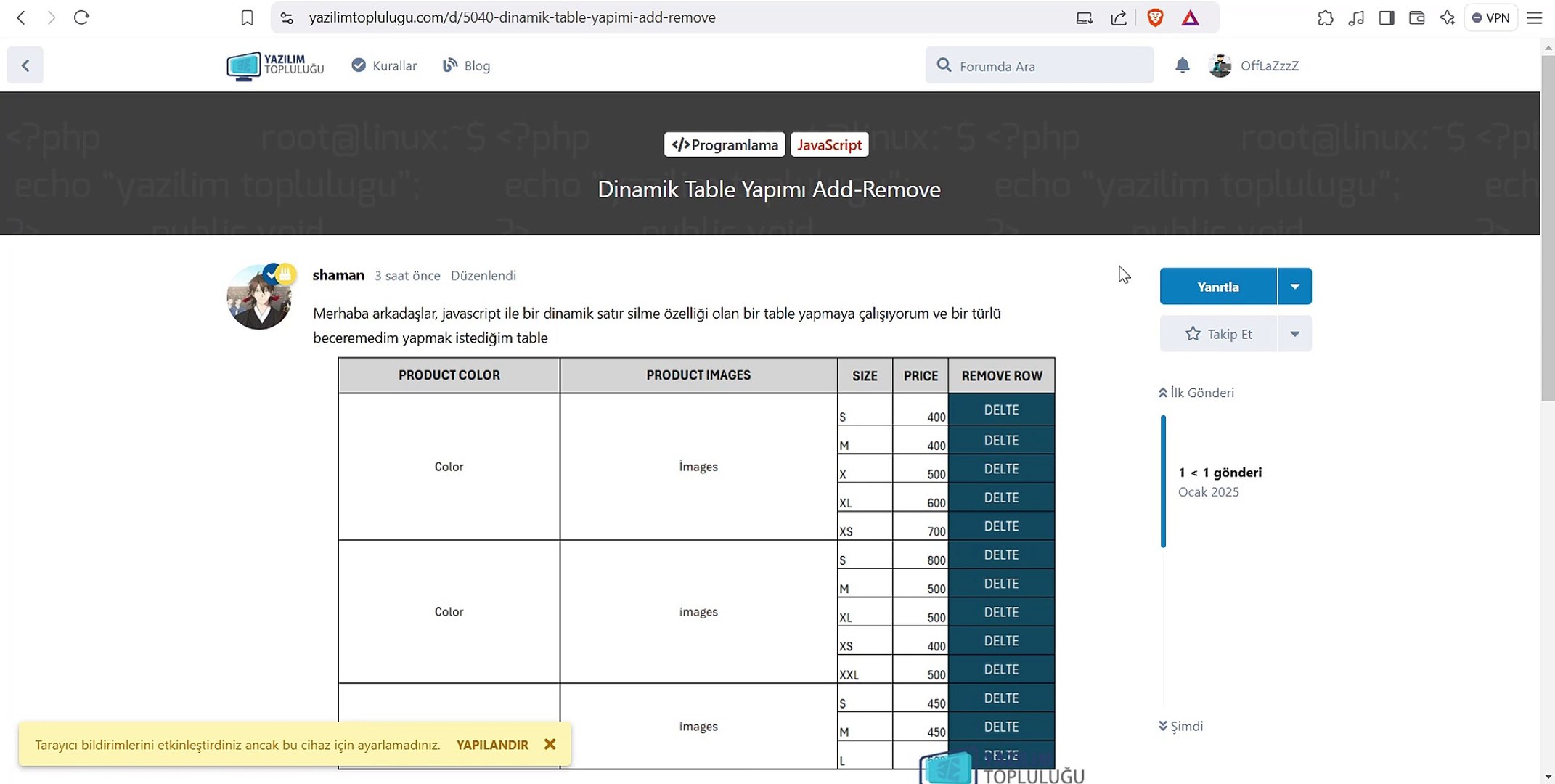 Dinamik Table Yapımı Add-Remove JavaScript Örneği