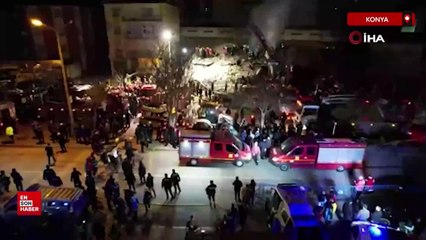 Konya'da çöken 3 katlı binanın enkazı böyle görüntülendi