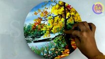 Landscape painting/circle canvas/Acrylic painting for beginners step by step guide