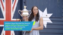 Madison Keys flaunts Aus Open trophy on Melbourne beach