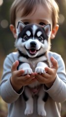 Heartwarming Bond Toddler Holding a Tiny Siberian Husky Puppy