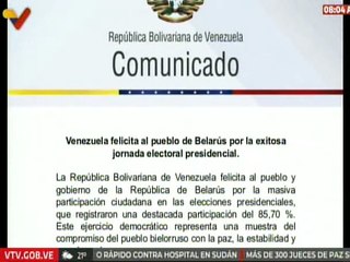 Comunicado | Venezuela felicita al  pueblo y al pdte. Lukashenko tras victoria en Belarús