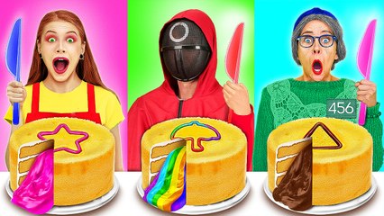 Défi de cuisine entre moi et grand-mère dans Squid Game ! Cool décoration de gâteau par 123 GO!
