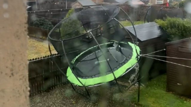 Two trampolines struggle against the powerful winds of Storm Éowyn