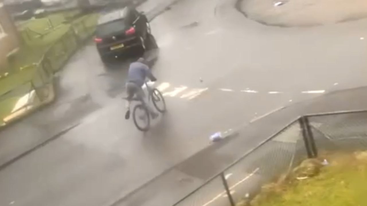 Risky bike ride during Storm Éowyn ends in an inevitable and embarrassing fall