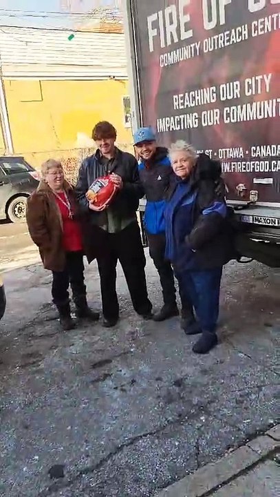 Marie Pyper with Matt Morin Chaplain Cindy and Fire of God Ministries donates many Turkeys to FOG Ministries for the turkey drive from Onyx Community Services