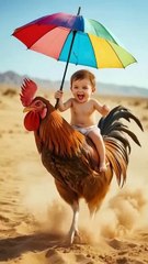 "Watch This Baby's Epic Rooster Ride! Pure Joy! 🐣🏜️"