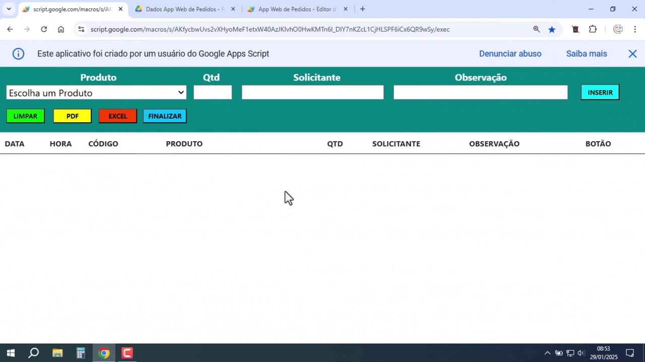 Planilhas Google | Página App Web de Cadastro de Pedidos Online | Apps Script