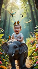 baby rides elephant