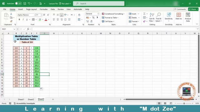 Multiplication Table/Number Table | Microsoft Excel Tutorial | LECTURE # 5 | Learning with M dot Zee