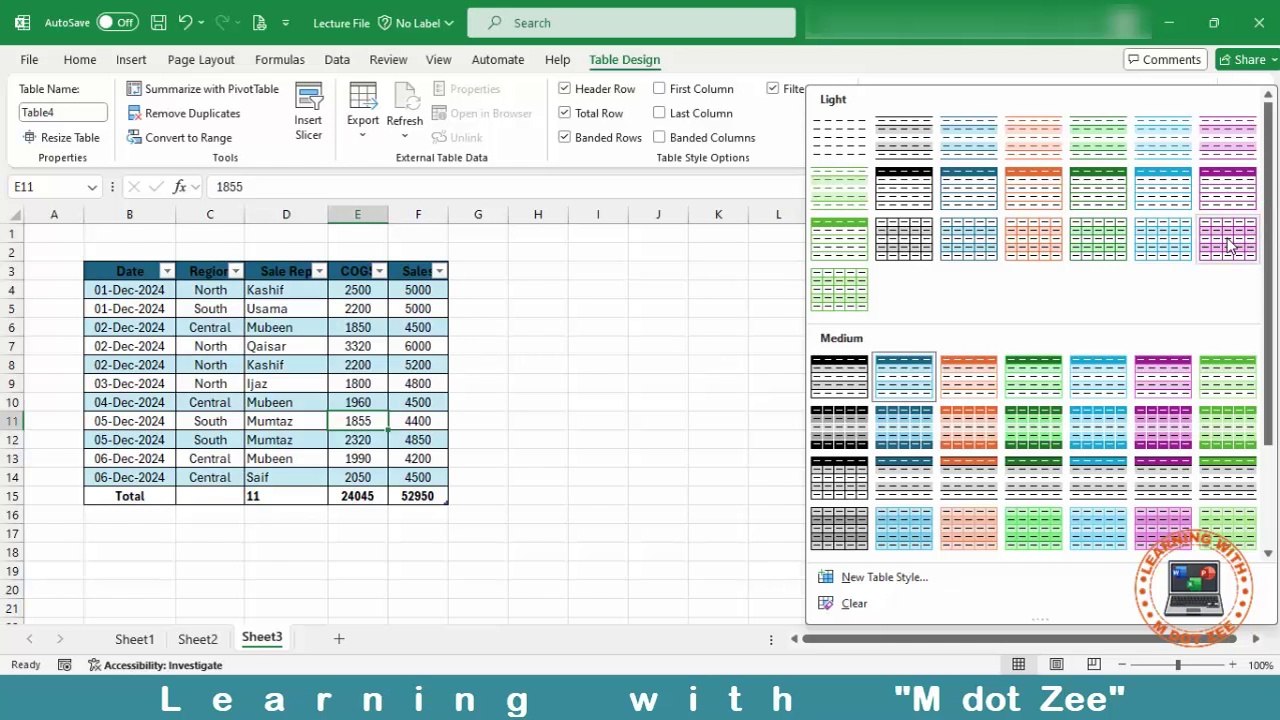Table and its effective uses | Microsoft Excel Tutorial | LECTURE # 6 | Learning with M dot Zee