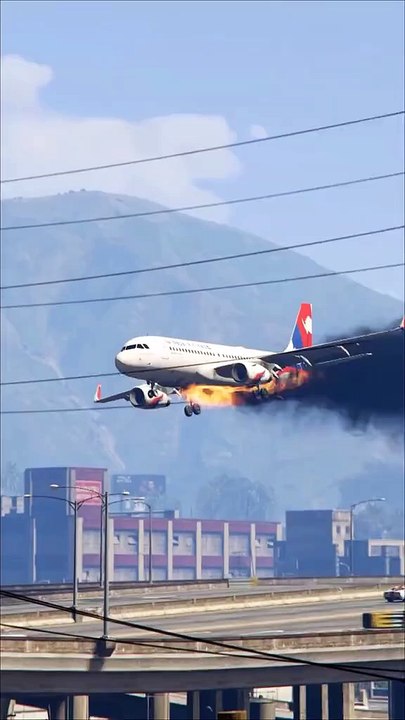 Burning passenger plane landing.