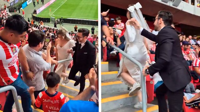 Pareja vestidos de novios se presentan en el Chivas vs. Querétaro y se vuelven virales