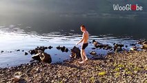 Guy dives head-first into the shallow waters of the lake Loch *Hilarious Fail*