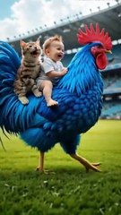 Fluffy blue duck playing with baby and cat