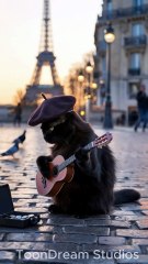 Parisian Vibes: The Guitar Playing Cat with Style