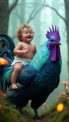 Baby on a Giant Blue Rooster in an Enchanted Fores