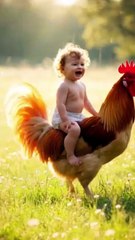 Baby rides rooster 🐓 #baby #rides #rooster #kids