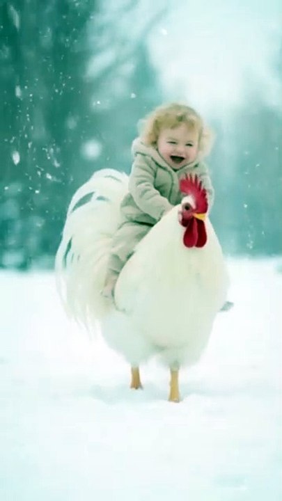 Adorable Baby Rides a Giant Rooster on the Beach