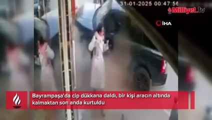 Bayrampaşa’da cip dükkana daldı, bir kişi aracın altında kalmaktan son anda kurtuldu