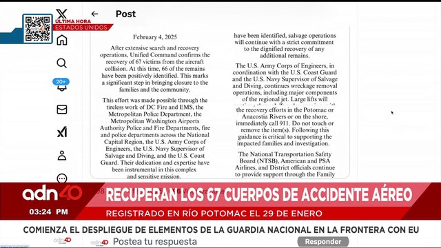 🚨¡Última Hora! Recuperan los 67 cuerpos del accidente aéreo cerca del Río Potomac en Washington