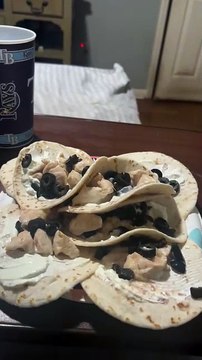 February 6, 2025 for dinner I made my fully loaded chicken tacos extra sour cream, extra chicken, extra black owls ￼￼