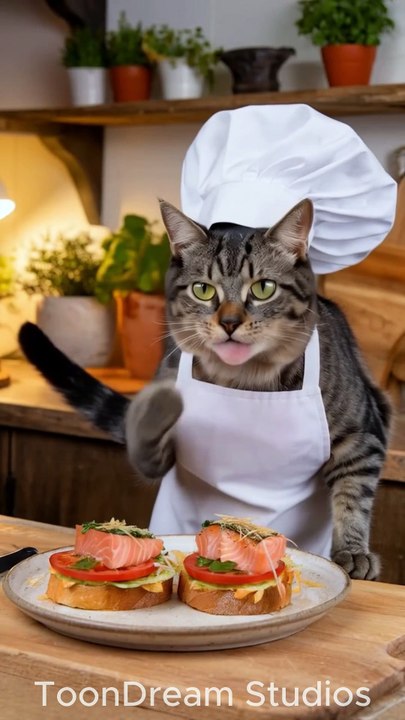 Chef Cat Prepares a Gourmet Salmon Dish