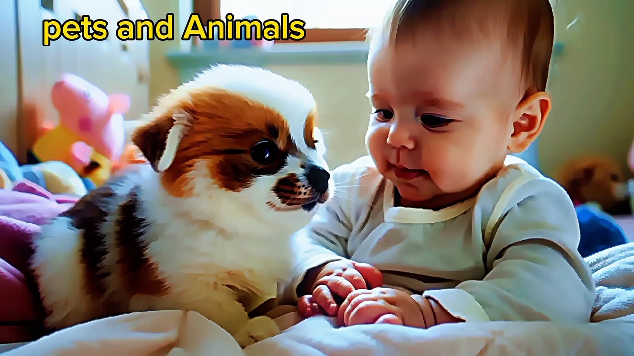 Cute baby playing with rabbits p1