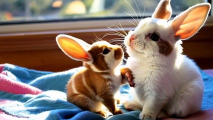 Cute baby playing with rabbits and Animals
