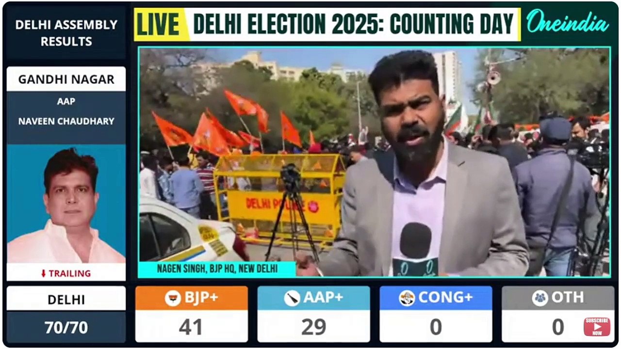 Delhi Poll Results 2025: Shree Ram Flags Soar in Celebration of BJP's Big Lead, Sweets Distribution