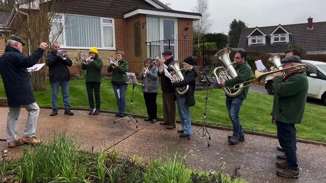 Crediton Town Band playing ‘For He’s a Jolly Good Fellow’ for Reg Nott on his 100th birthday, video Alan Quick IMG_3520